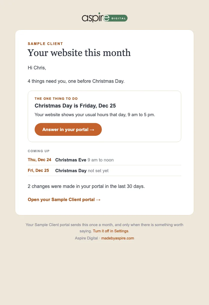 The monthly email: Your website this month, Hi Chris, the one thing to do is Christmas Day with an Answer in your portal button, and a Coming up list