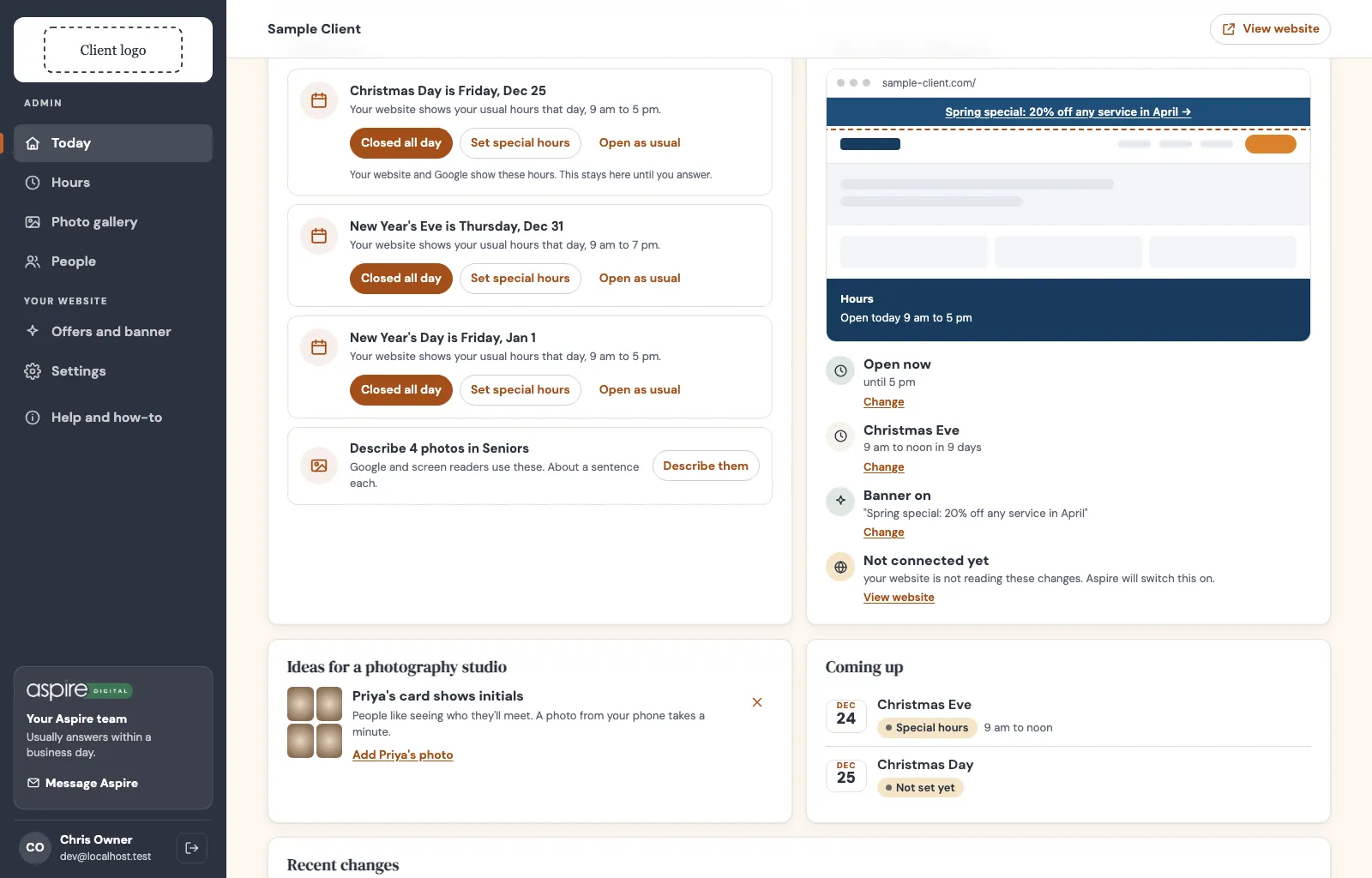 Needs you with three holiday questions, each with Closed all day, Set special hours and Open as usual buttons; beside it a picture of the client's homepage with its banner and hours, and status lines; below, Ideas for a photography studio and Coming up with date blocks